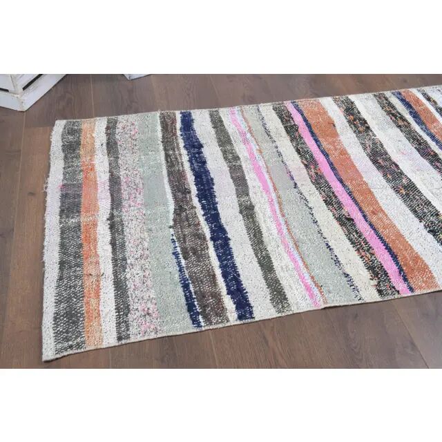 Vintage Turkish Hand-Knotted Wool Cotton White Kilim Runner Rug 78x228