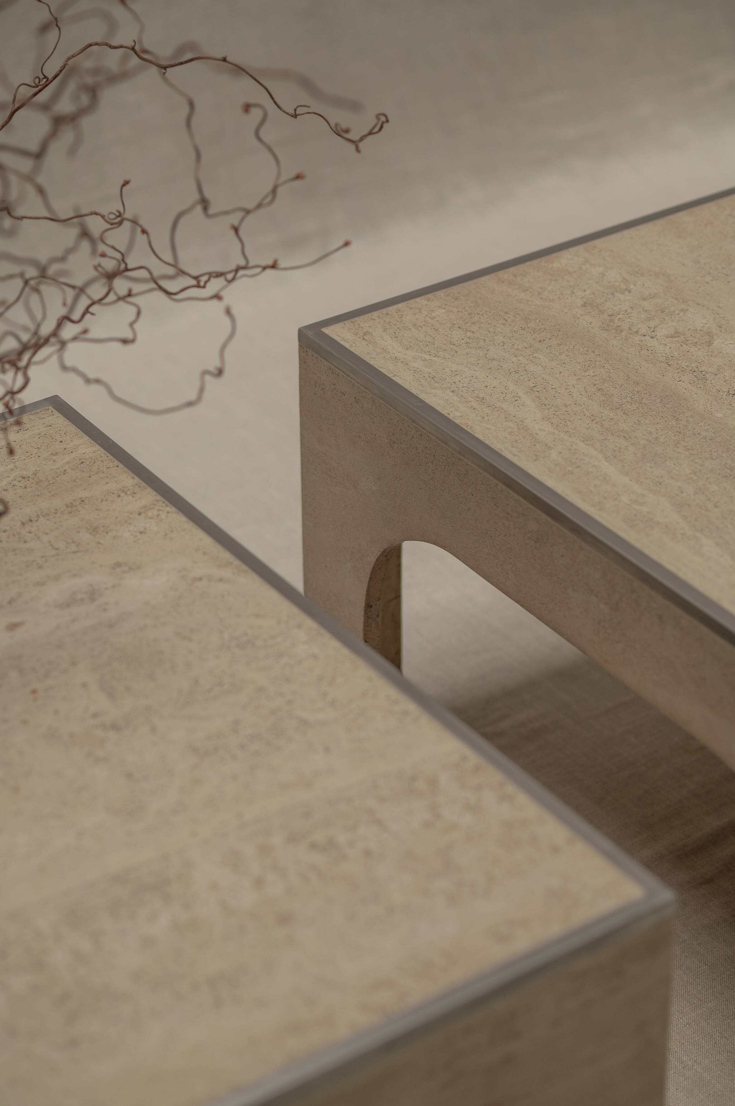 Architectural set of travertine coffee tables