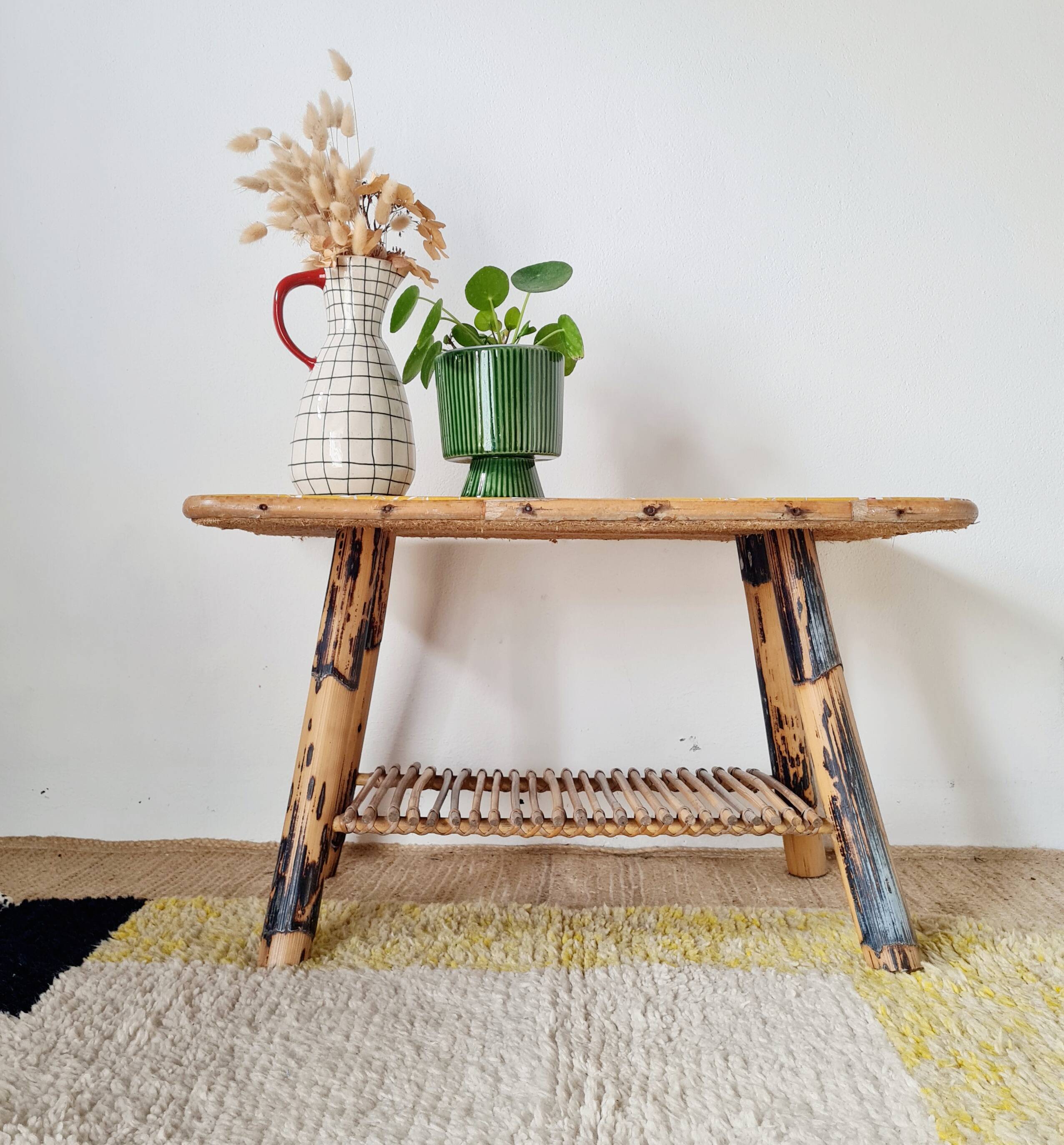 Antique rattan coffee table - yellow floral top