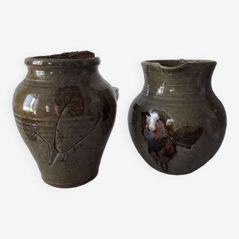 Carafe et pot en grès émaillé motifs herbier Le Rivet