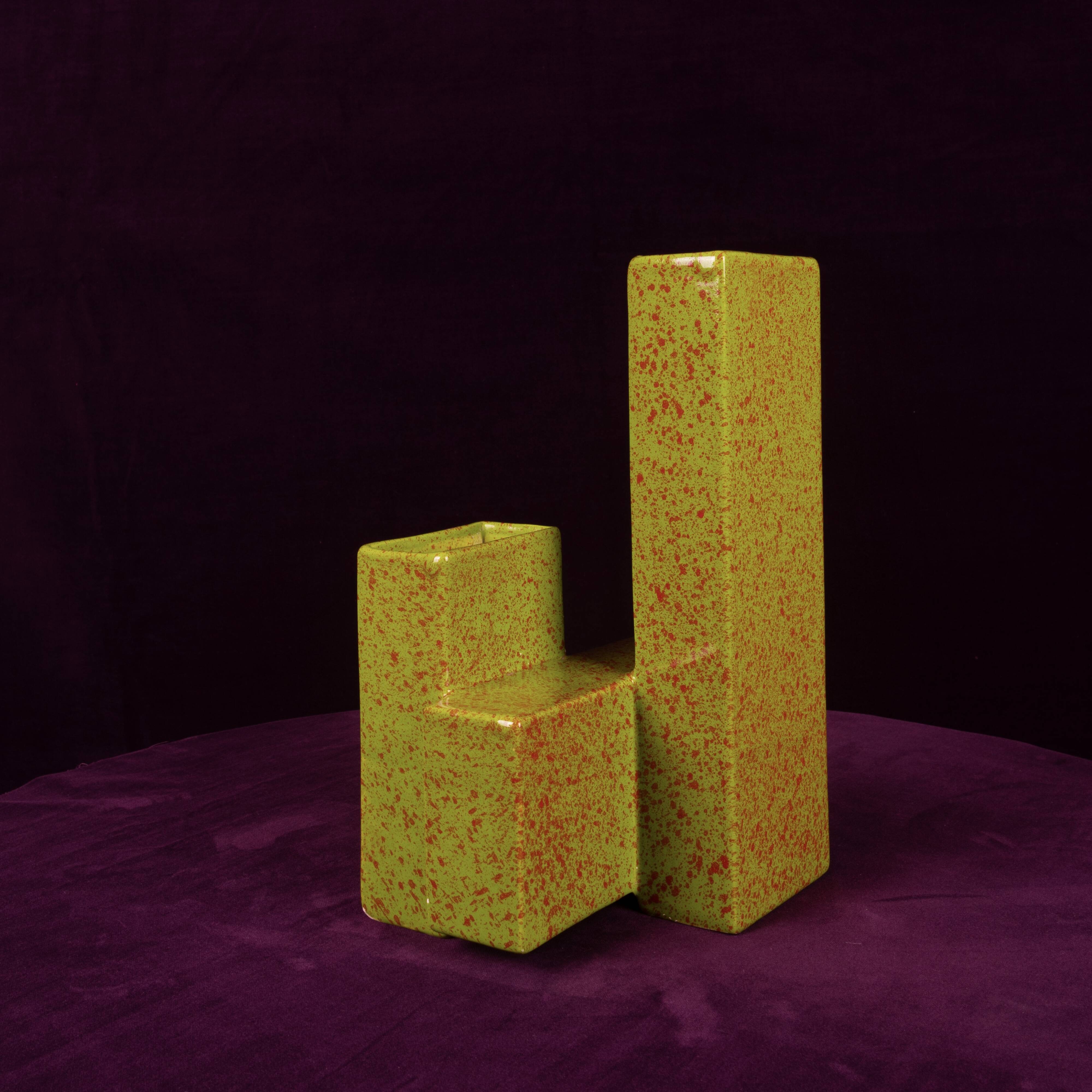 Geometric Twin-Column Ceramic Vase Space Age, Italy 1970