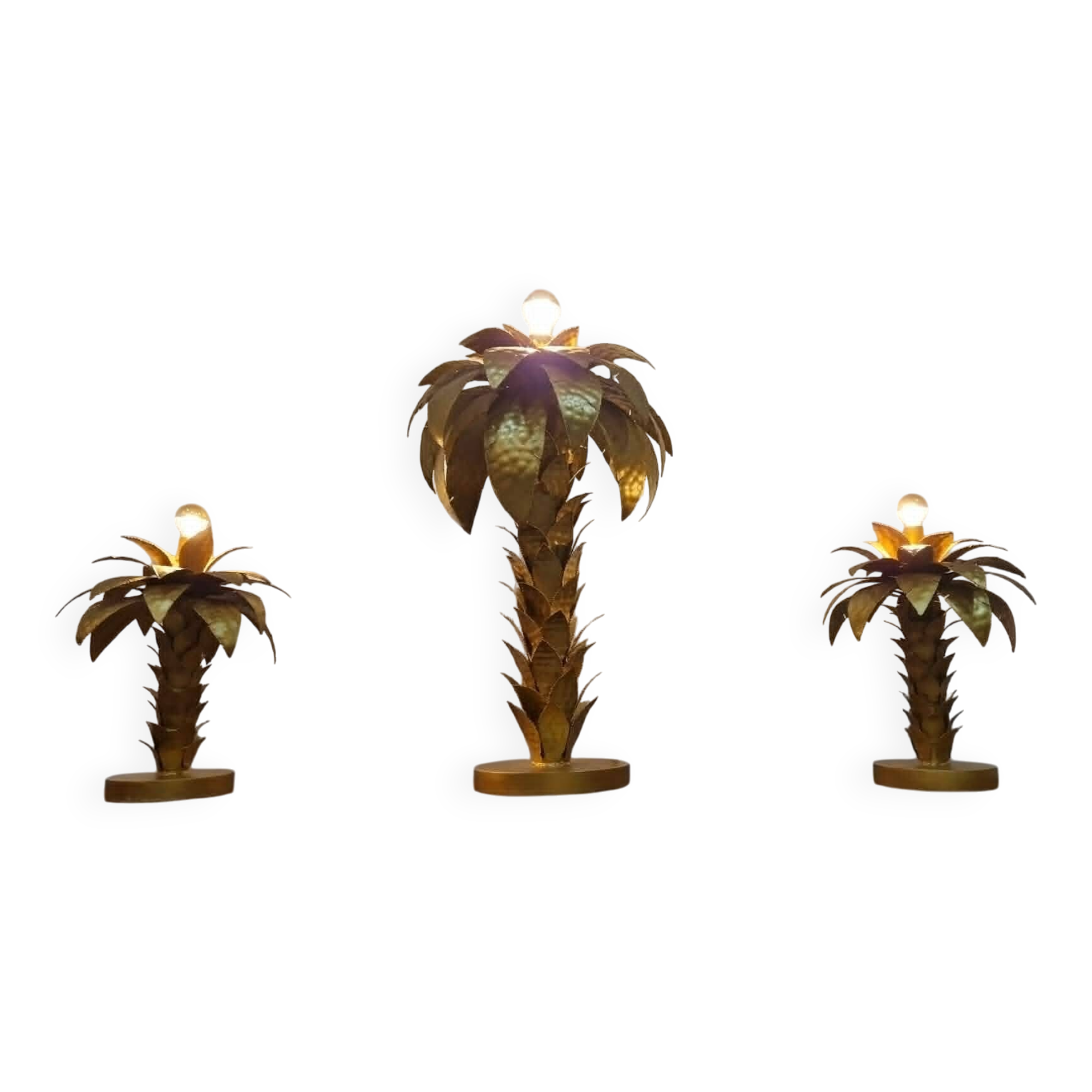 Hollywood Regency Palm Tree Lamp Trio – Hammered Gold Metal