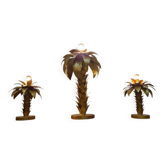 Hollywood Regency Palm Tree Lamp Trio – Hammered Gold Metal