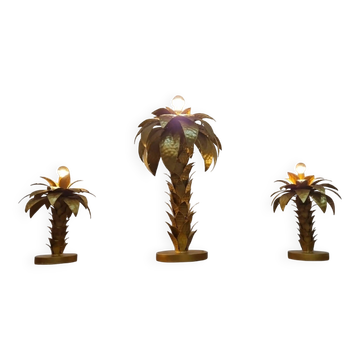Hollywood Regency Palm Tree Lamp Trio – Hammered Gold Metal
