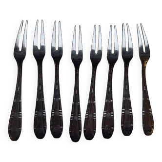 8 small stainless steel forks, lumen inox, chiseled metal, fillet model, vintage