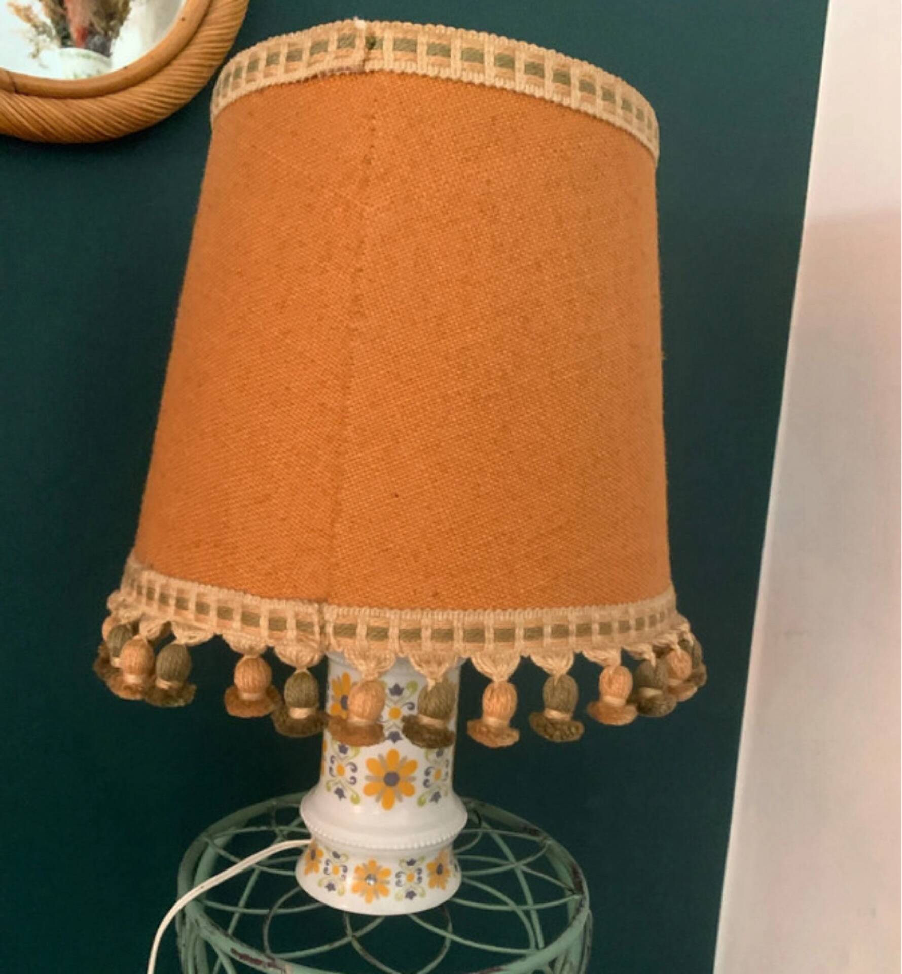 Vintage 1970 table lamp – Opaline base with floral print & shade f