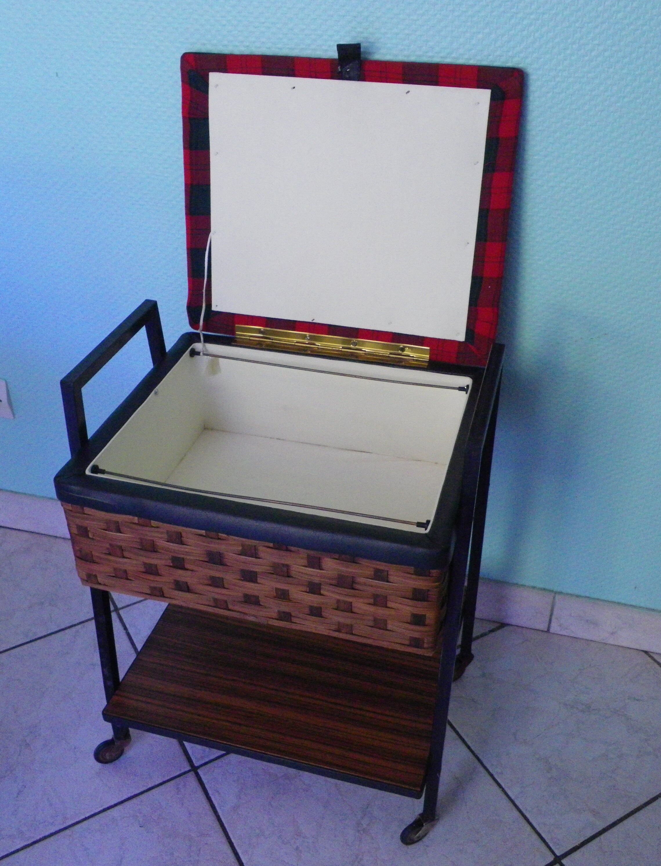 Vintage worker on wheels, rattan, fabric, skaÏ, metal with formica shelf