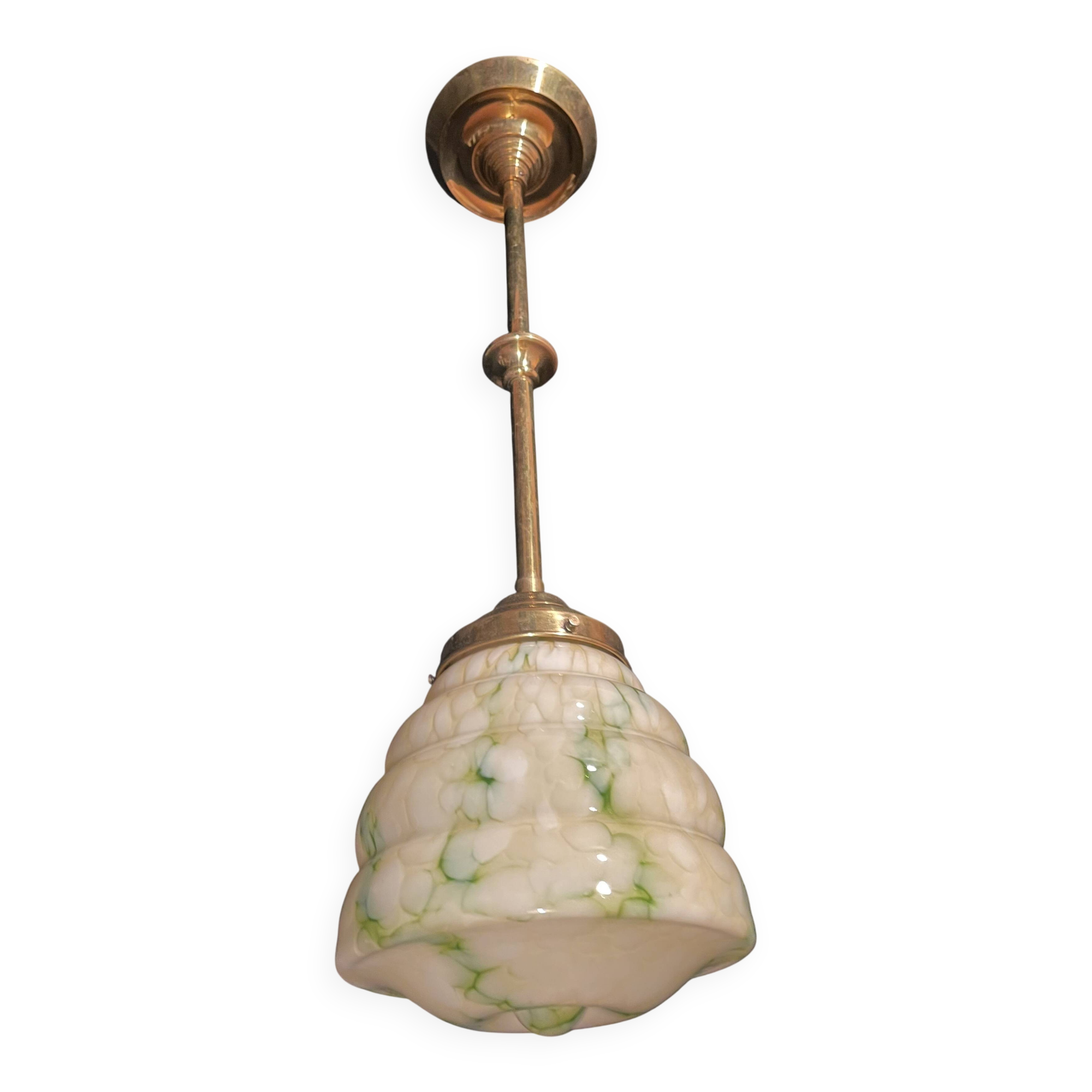 Art Deco ceiling light, marbled green opaline/brass, 1930s.