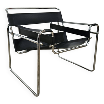 70s armchair in chromed tubular and black leather