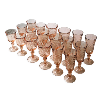 Set of 18 vintage glasses service Rosaline Luminarc from the 70s champagne glasses, wine, liqueur
