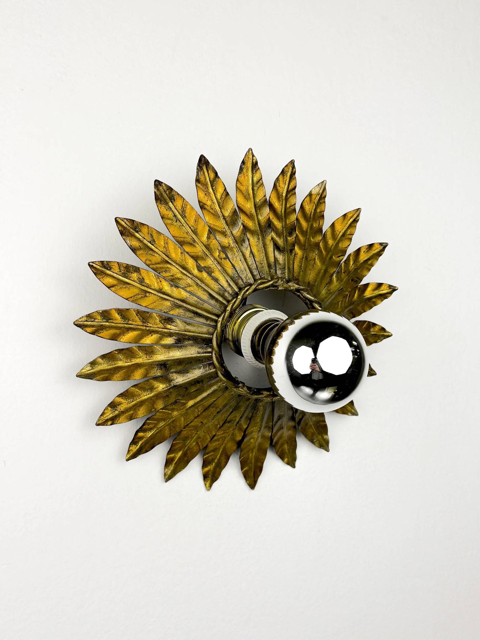 Spanish sunburst flush mount light fixture in gilt iron, circa 1960s