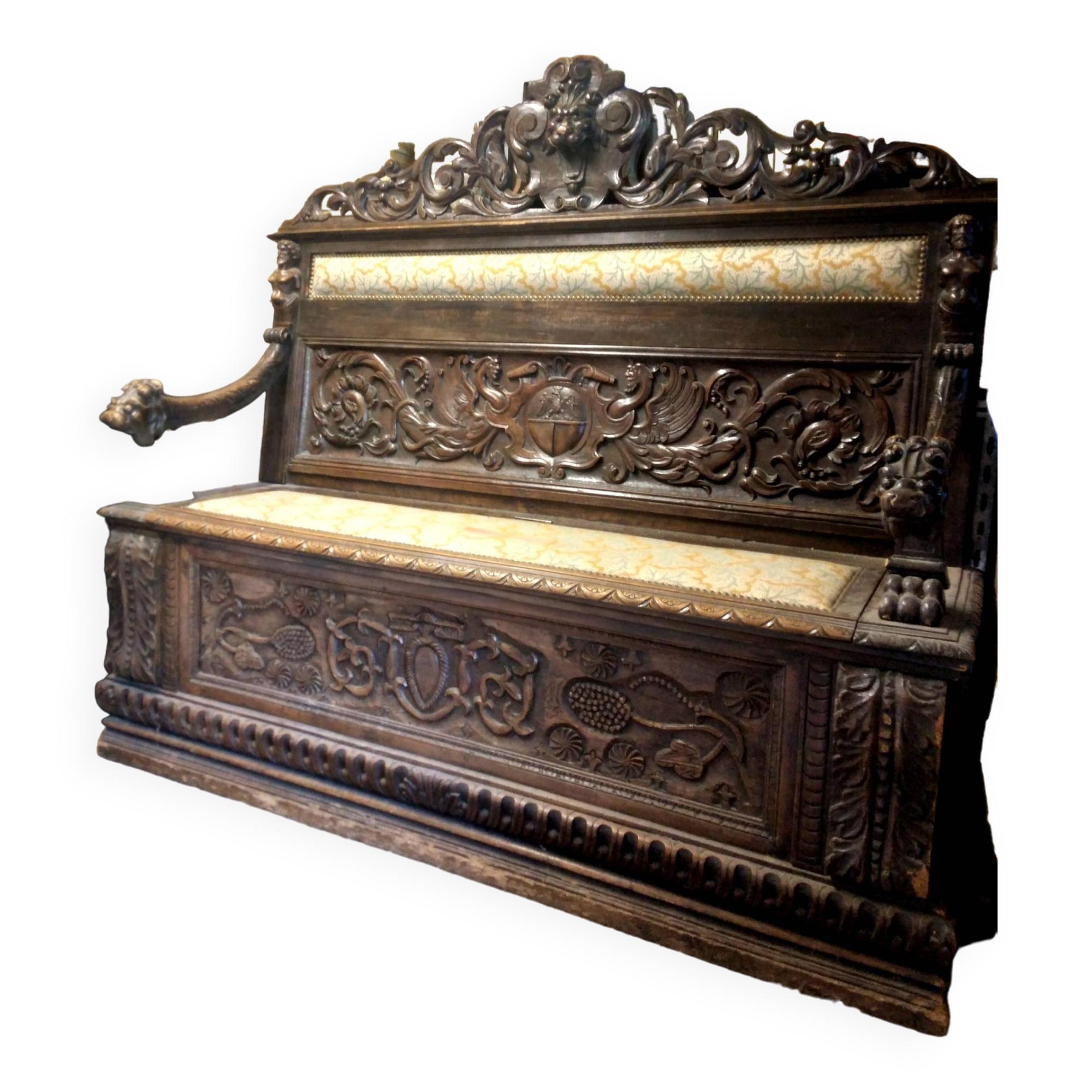 19th century carved wooden chest bench