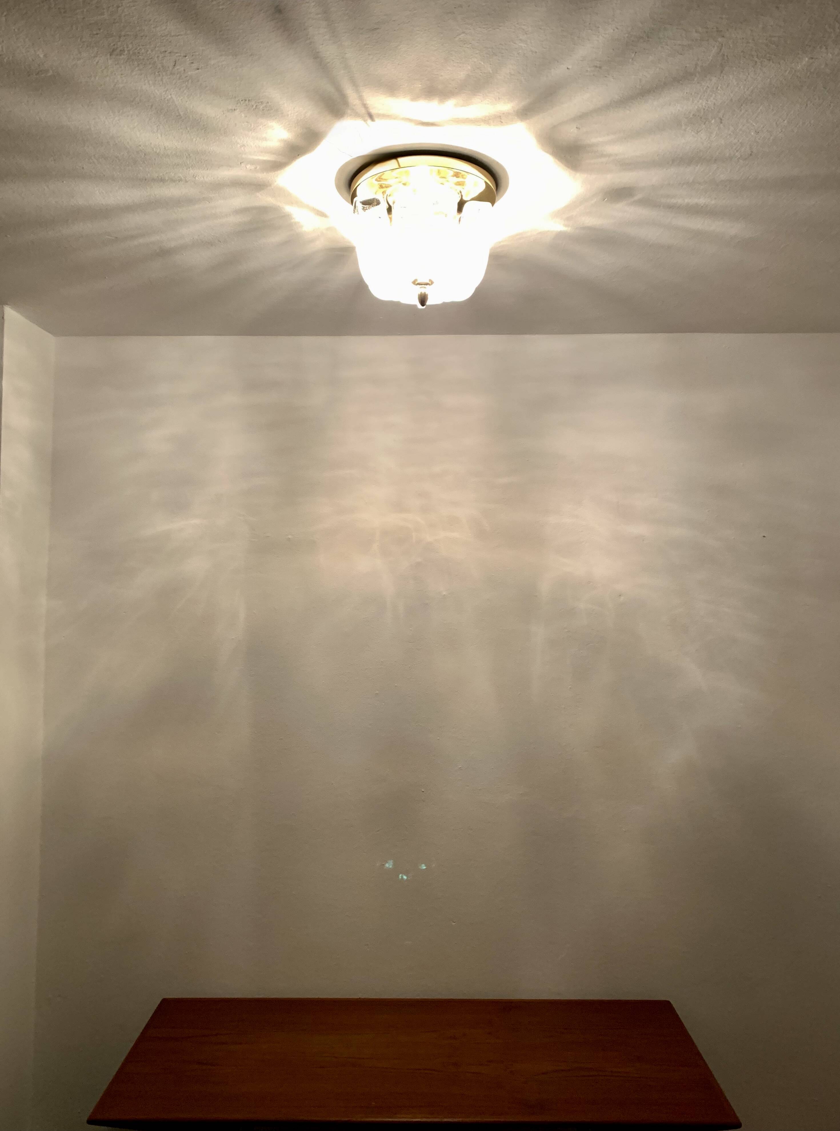 1 of 2 Large Brass and Floral Ice Glass Flush Light by Glashütte Limburg