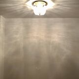 1 of 2 Large Brass and Floral Ice Glass Flush Light by Glashütte Limburg