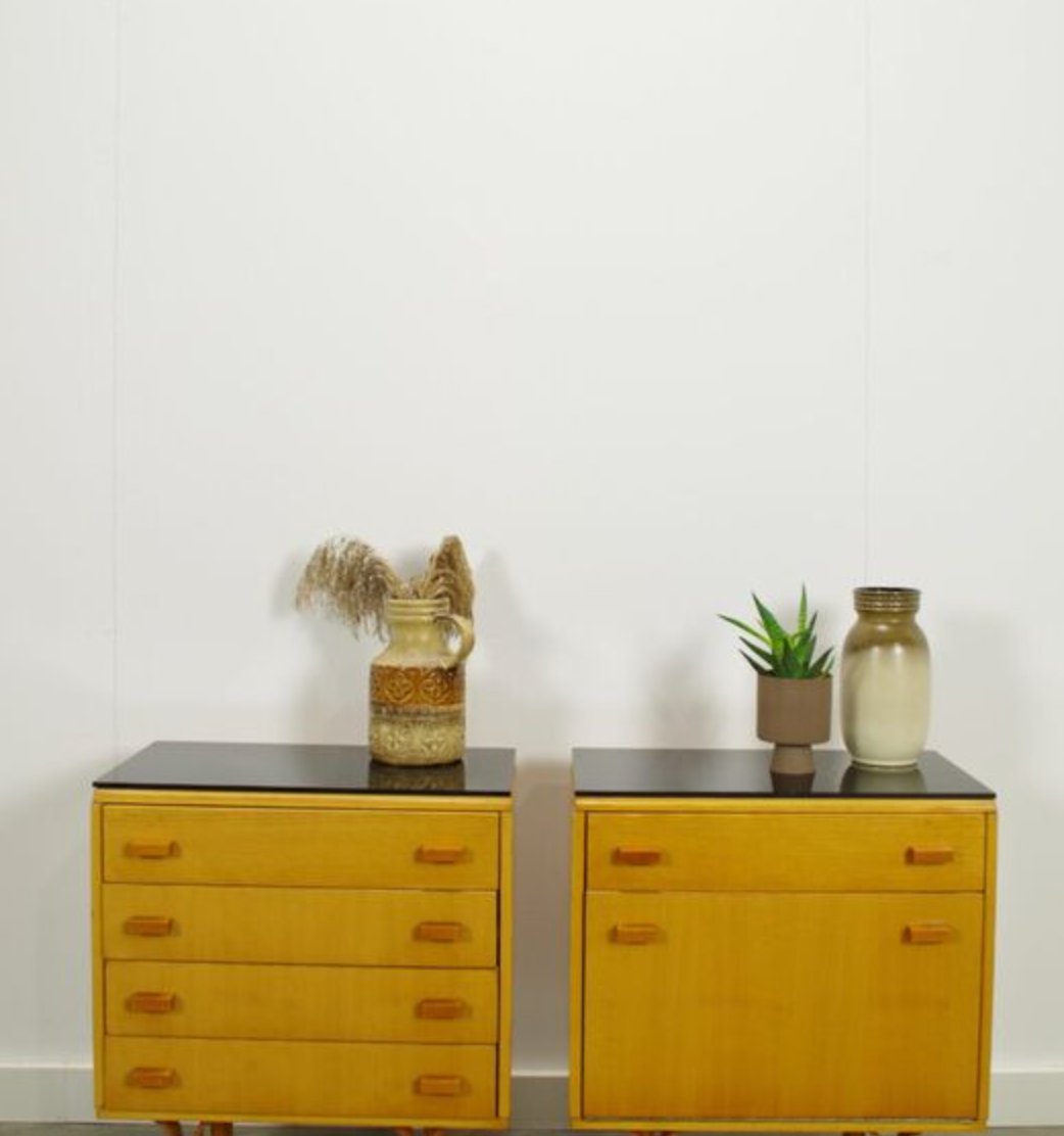 Set of vintage wooden design bedside tables