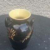 Vase amphore en céramique émaillée jaune et noir peint à la main vintage