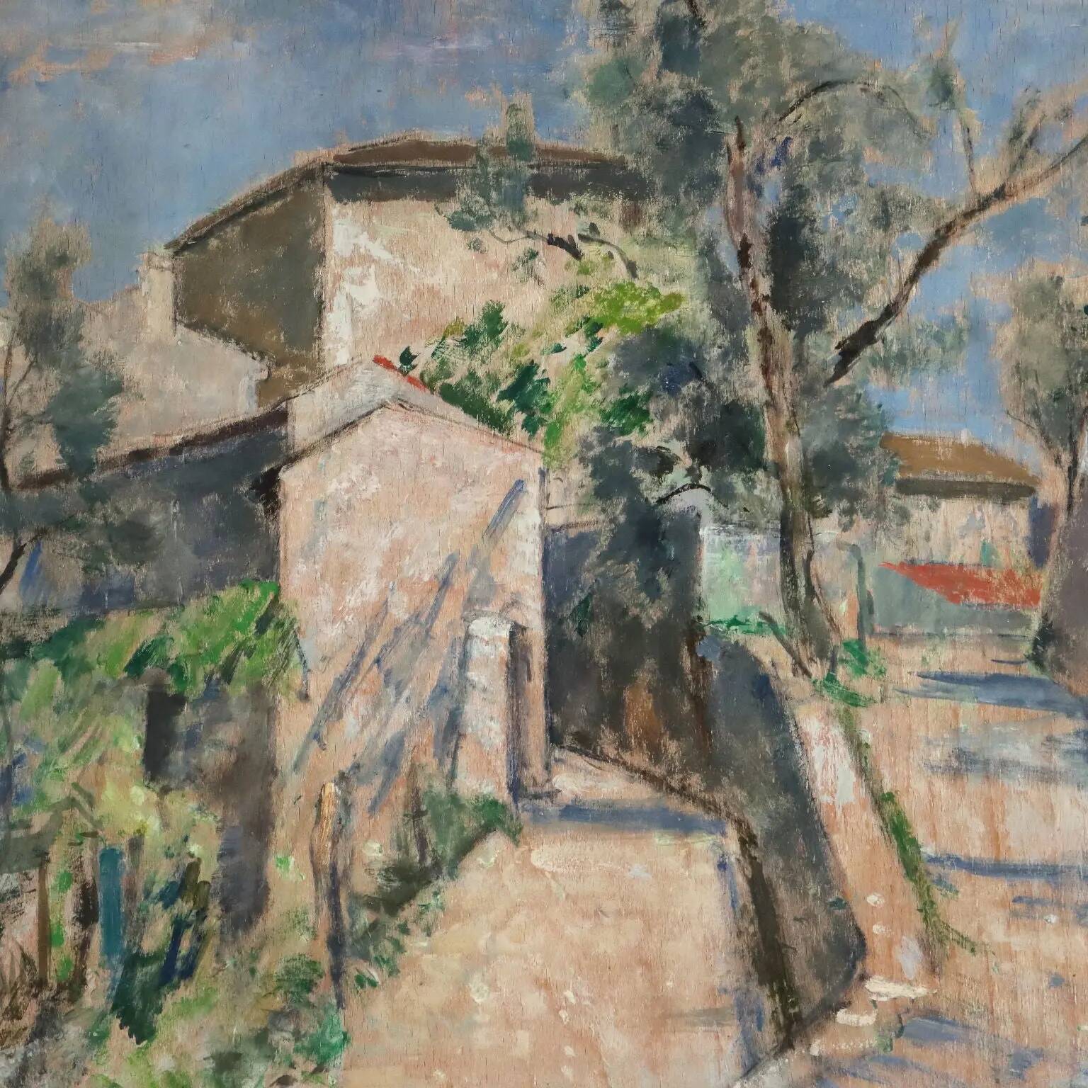 Modern painting signed Renzo Biasion, landscape of Garda, 1953.