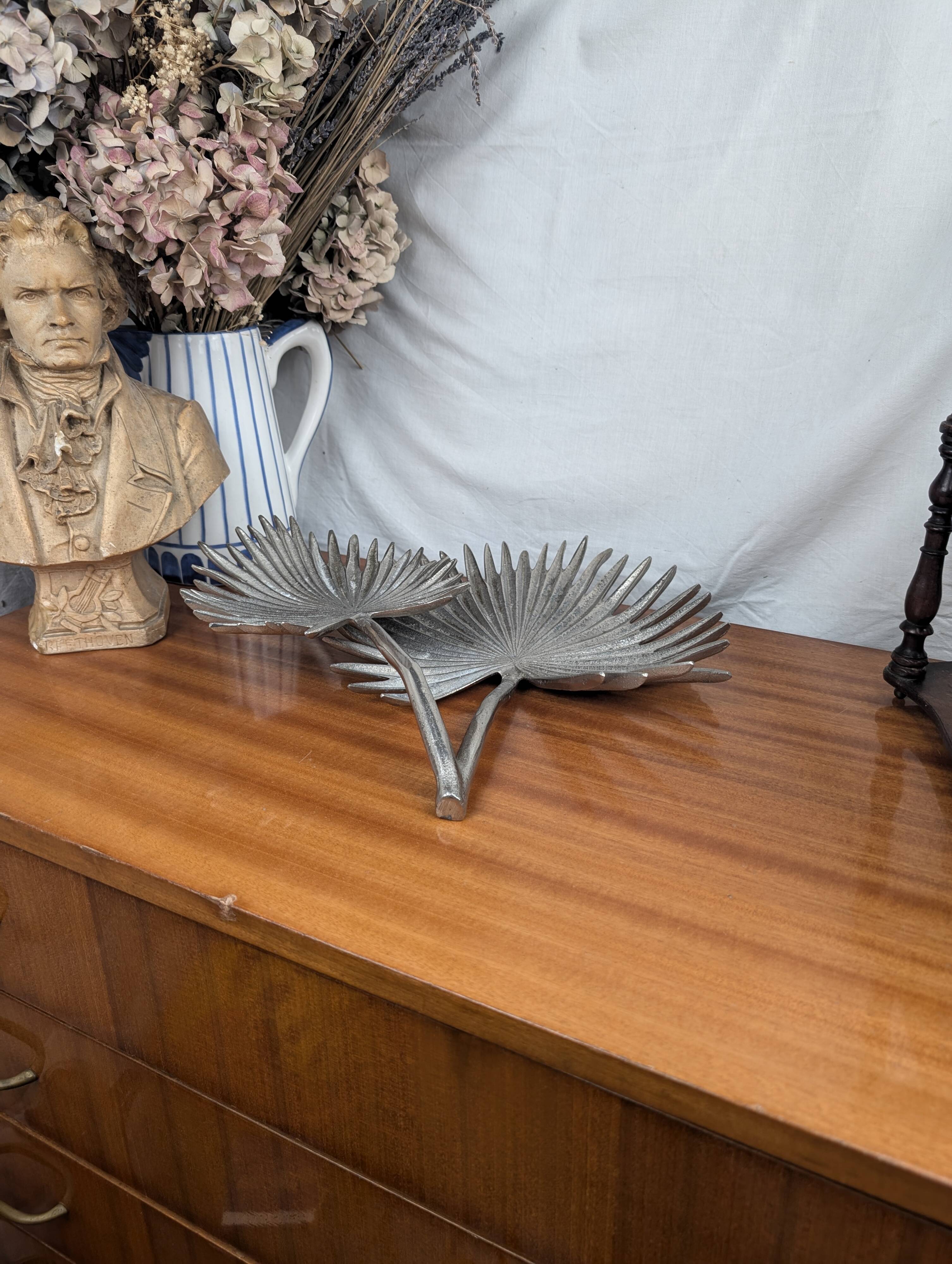 Vintage Two Tier Silver Metal Palm Leaf Fruit Basket