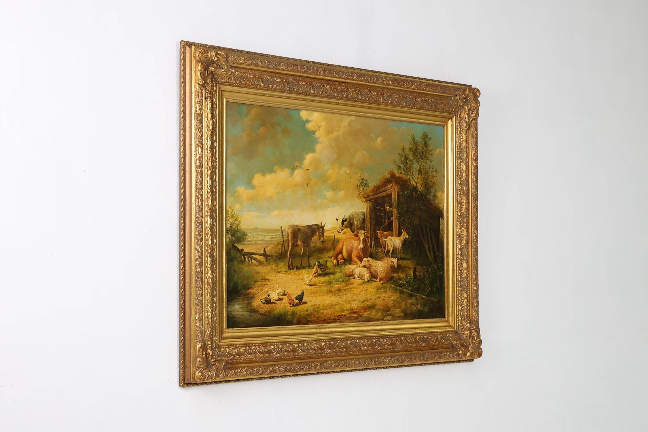 Belgian Artist, Farm Scene, 20th Century, Large Oil on Canvas, Framed