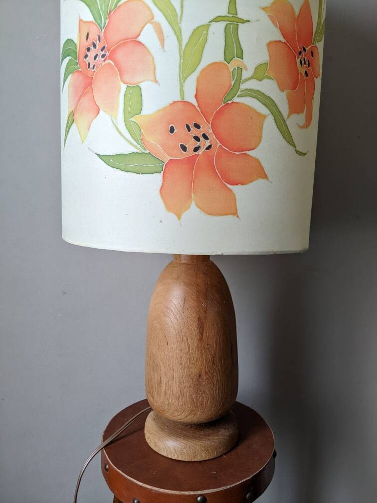 Vintage lamp with turned wooden base and silk lampshade, handcrafted floral decoration
