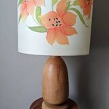 Vintage lamp with turned wooden base and silk lampshade, handcrafted floral decoration
