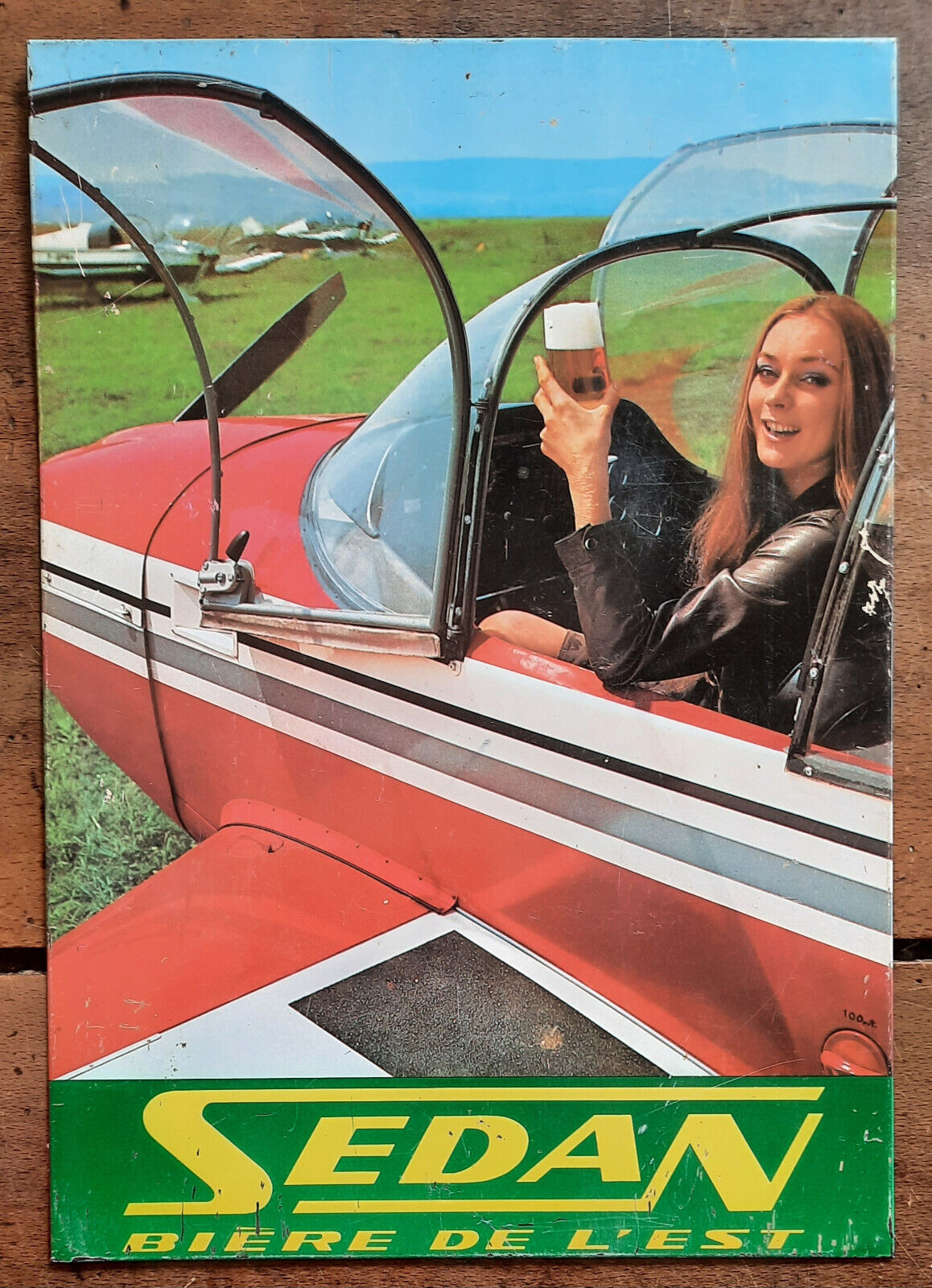 Old sheet metal plate "SEDAN Bière de l'Est" Airplane 24x34cm 60's