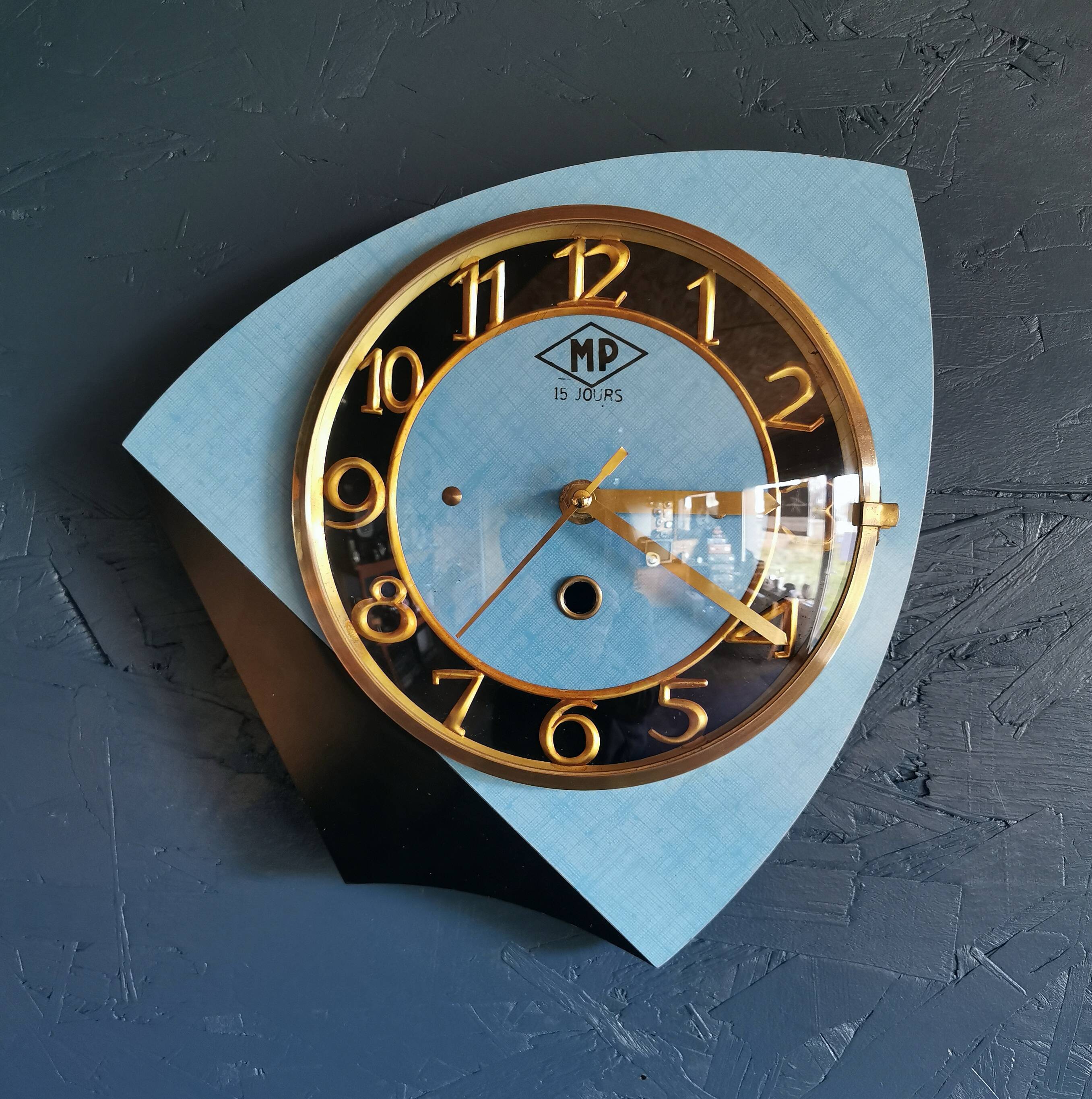 Vintage formica clock silent asymmetrical wall pendulum "MP blue black"