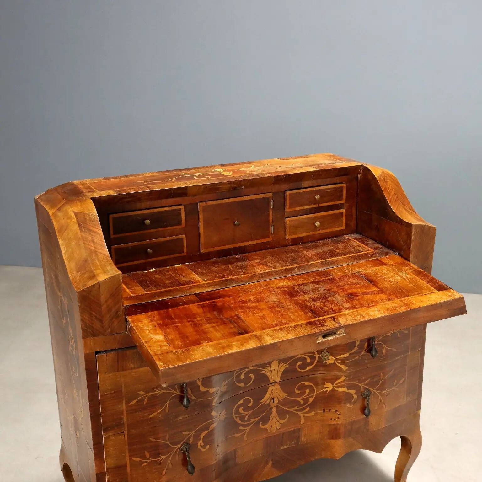 Antique walnut secretary cabinet with drop-down front, 2 drawers, Italy, 20th century.