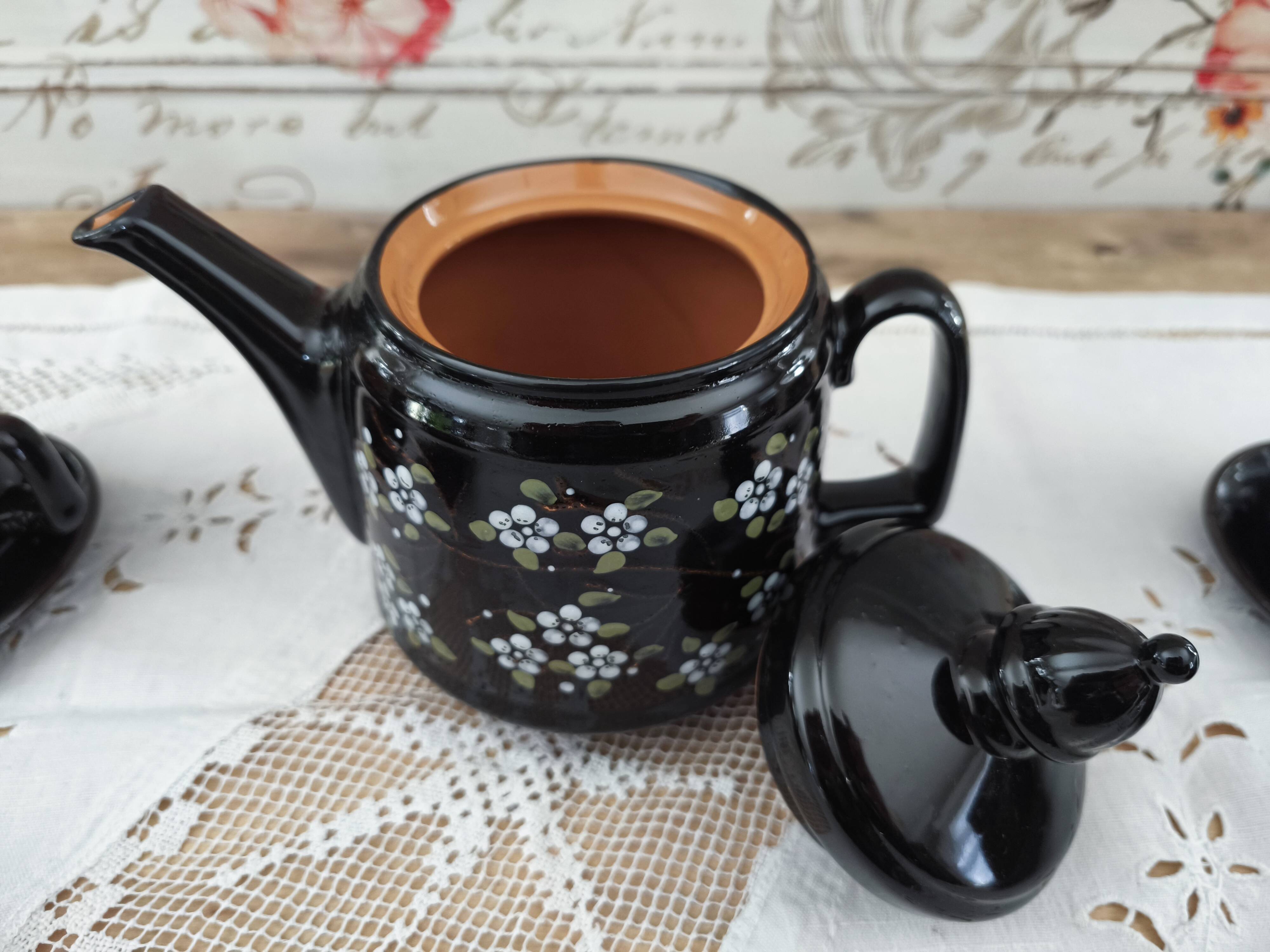 Vintage Russian tea set 14 pieces for 6 people in enamelled terracotta