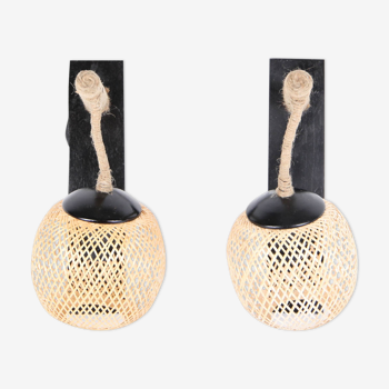 Pair of bamboo and rope wall lamps