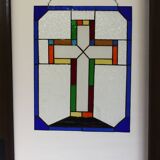 Vitrail décoratif Croix – Verre coloré fait main, 40 × 60 cm