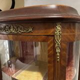 Curved marquetry display case, half-moon shape, checkerboard marquetry