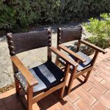 Pair of French Brutalist oak and leather armchairs 1920