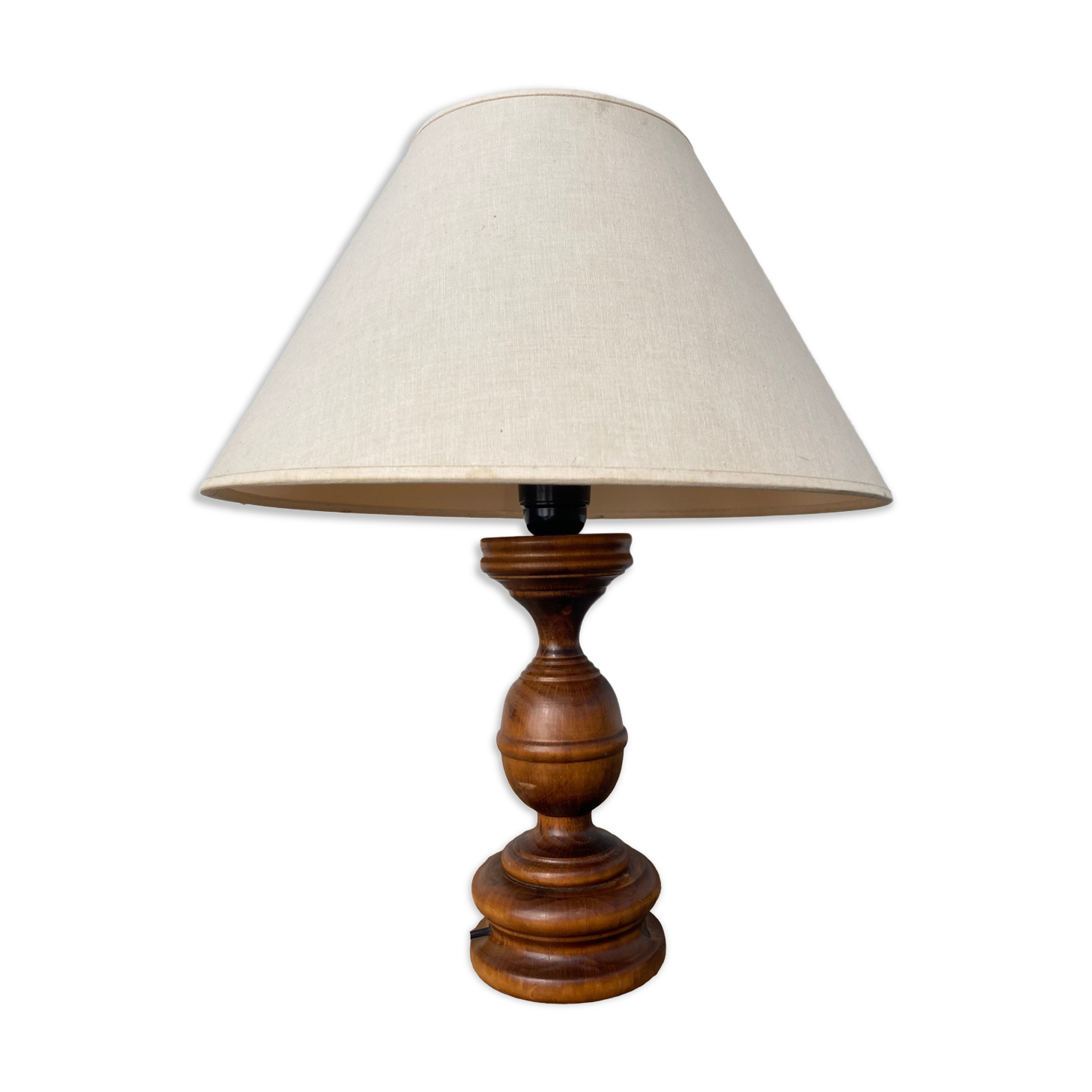 Wooden lamp turned off-white vintage lampshade