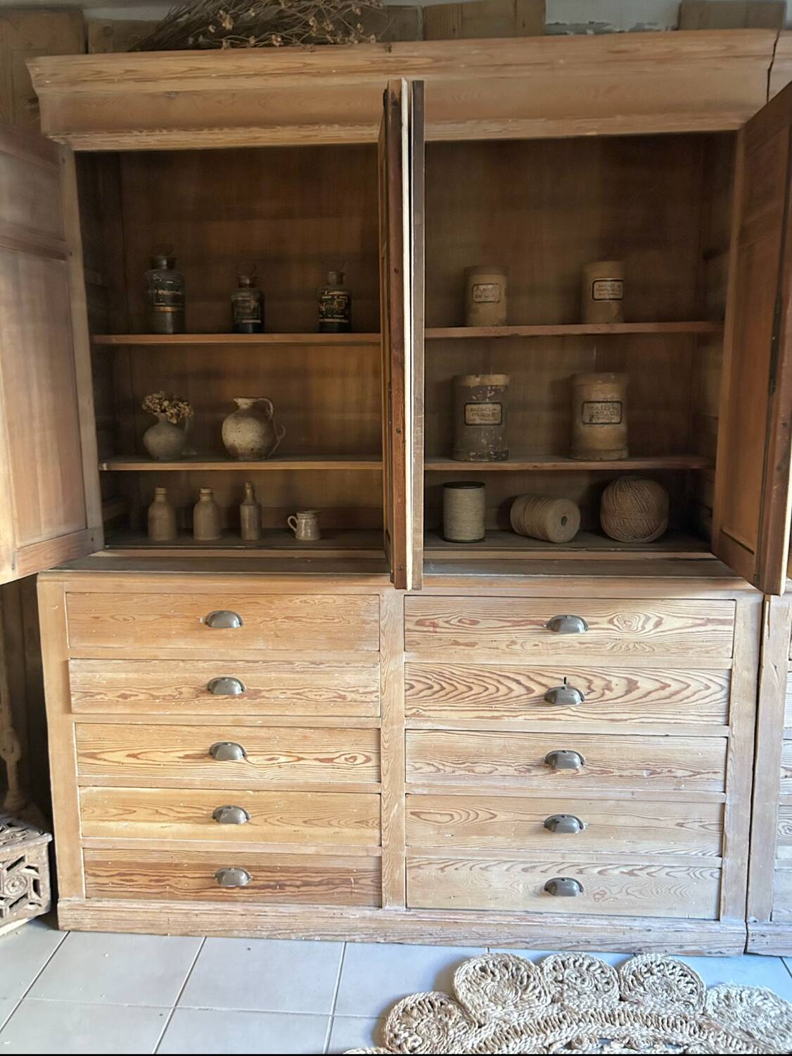 Old workshop furniture, 2 bodies with drawers and a cupboard.