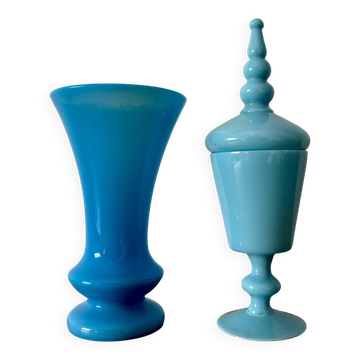 Vintage vase and blue opaline sweet jar