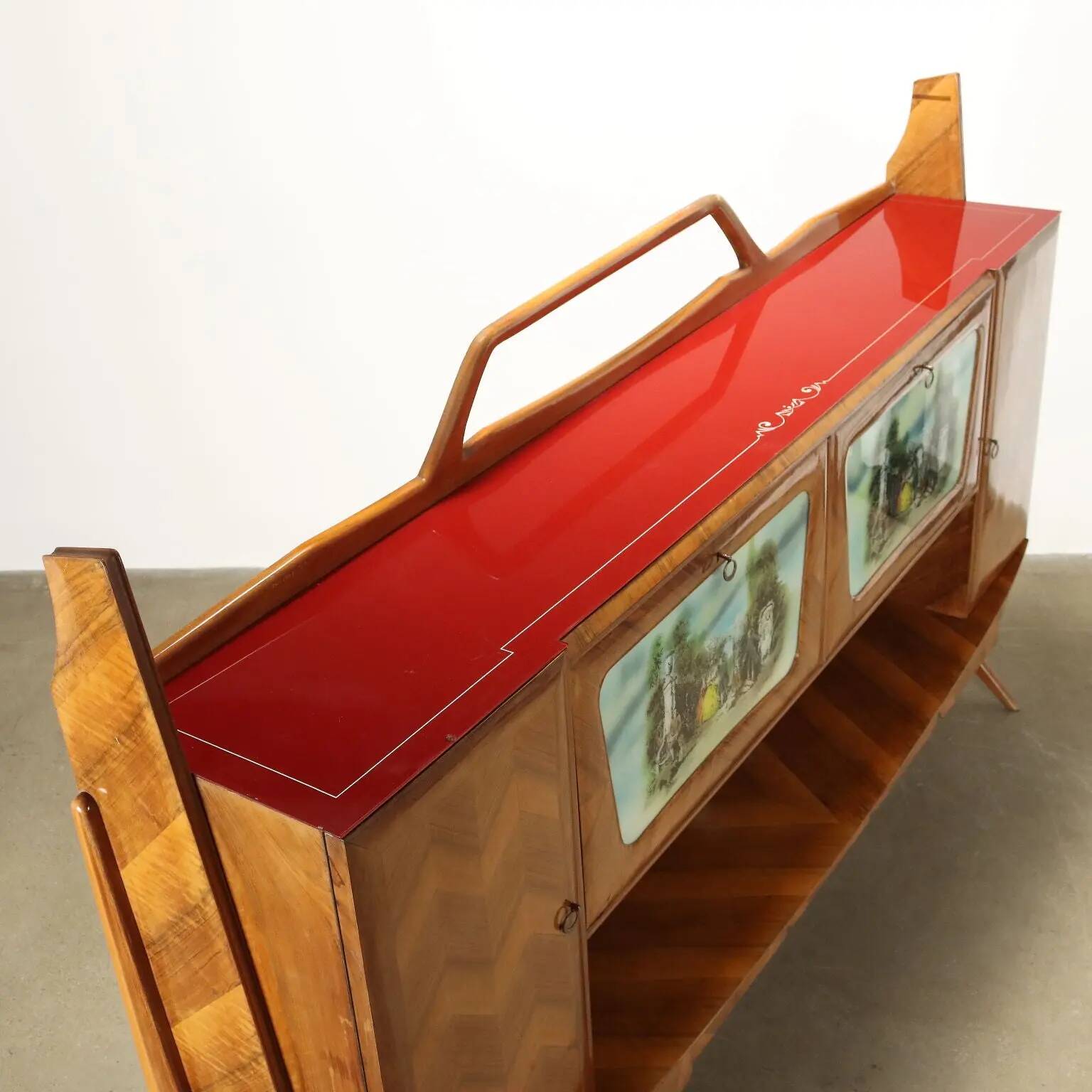 Vintage buffet in walnut veneer and glass, Italy, 1950s-1960s.