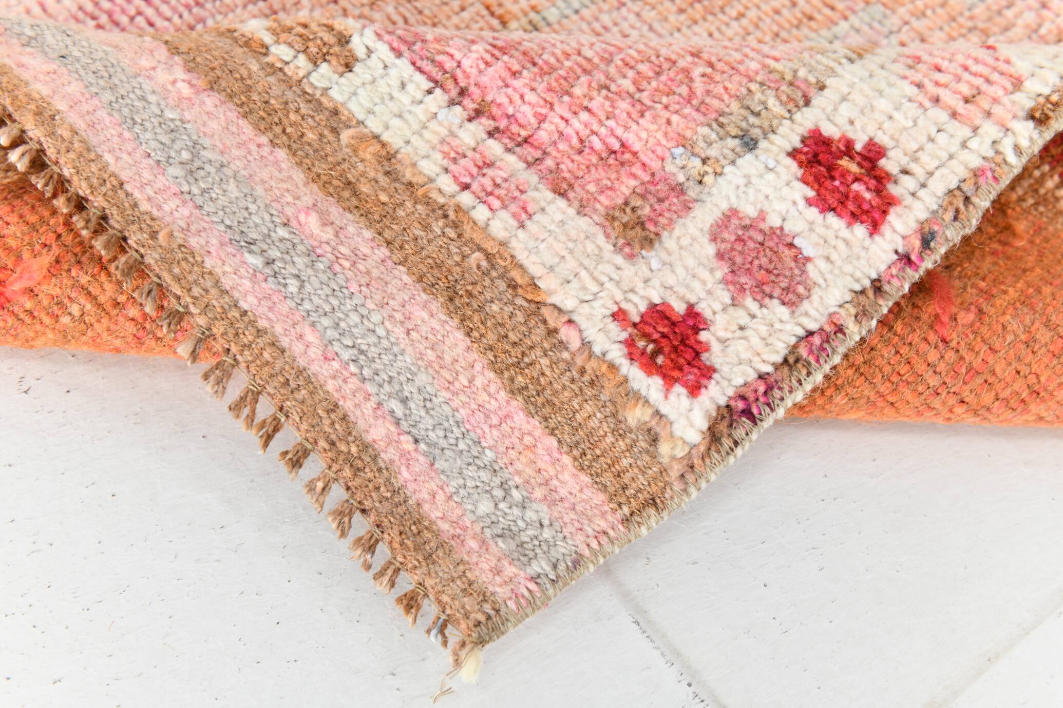 Light Pink & Brown Turkish Vintage Runner Rug, 94x328Cm