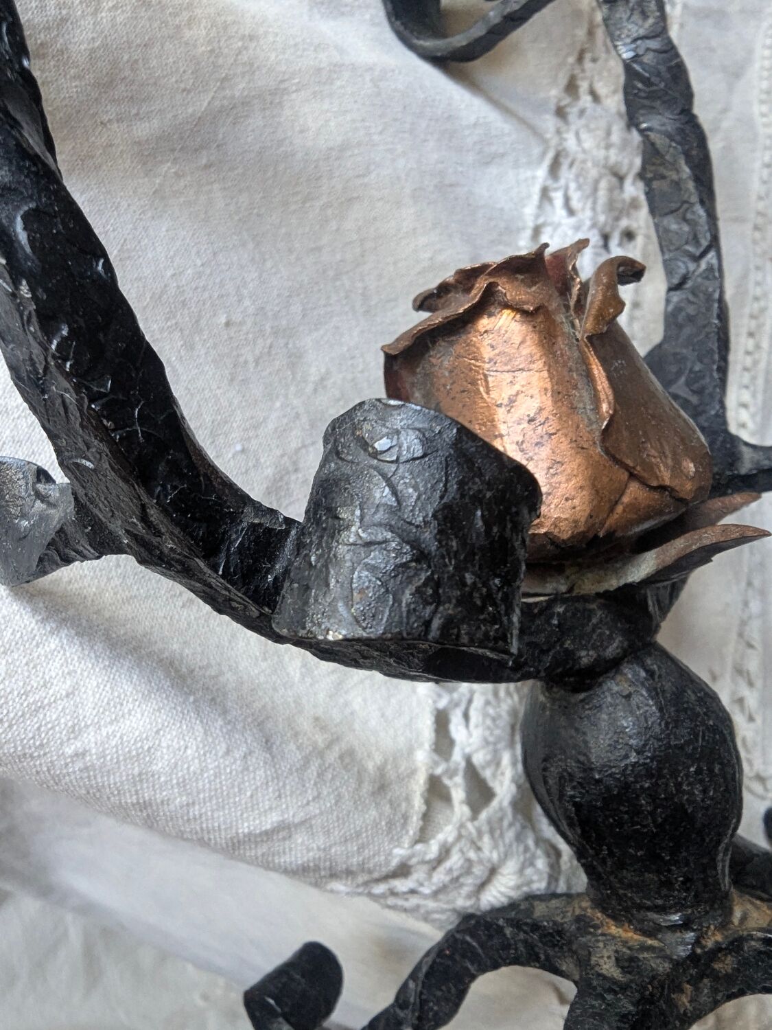 Brutalist Antique Wrought Iron Chandelier Floral Naturalist Candle Holder
