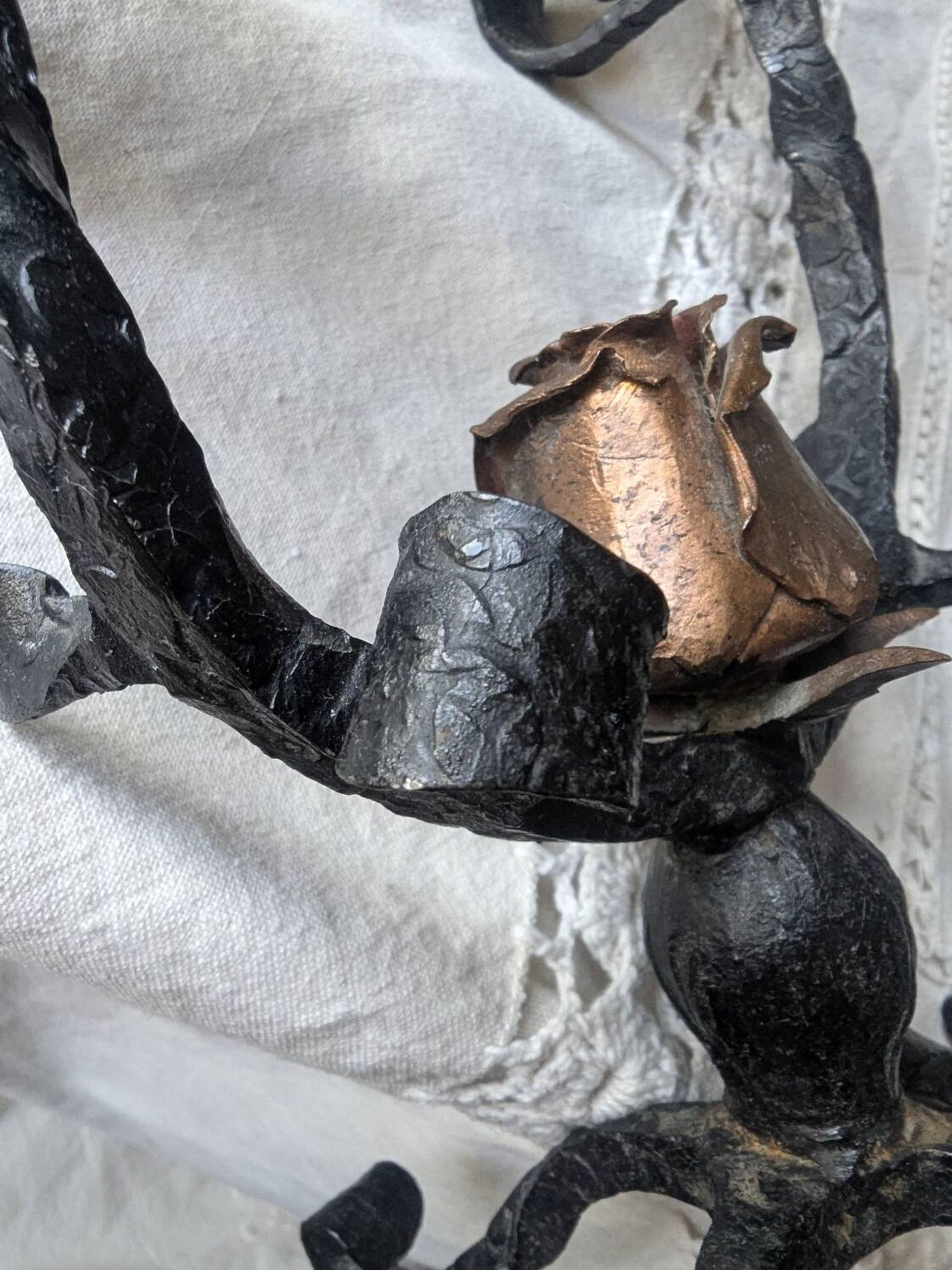 Brutalist Antique Wrought Iron Chandelier Floral Naturalist Candle Holder