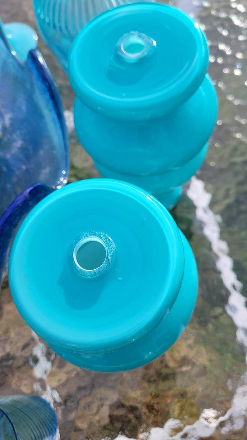 Pair of Space Age lampshades in blue opaline.