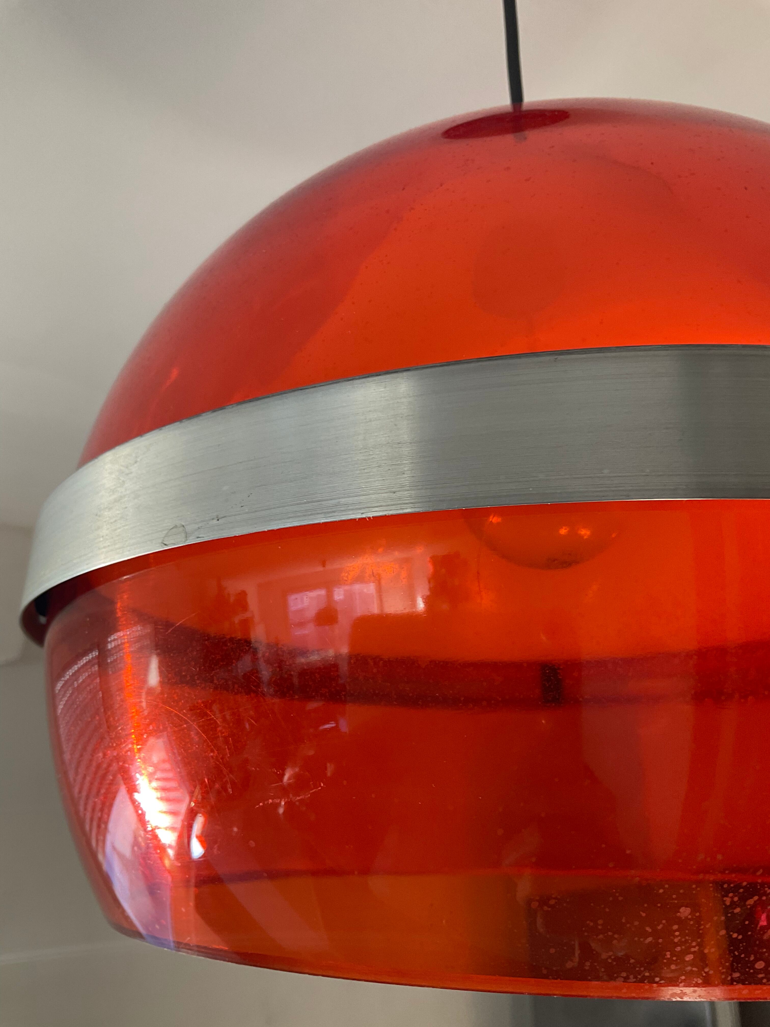 Space age pendant lamp in orange plexiglass and chromed metal