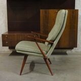 Fauteuil en teck coloré par Cor Alons pour Firma C. Den Boer Gouda recouvert de tissu vert Reseda melange