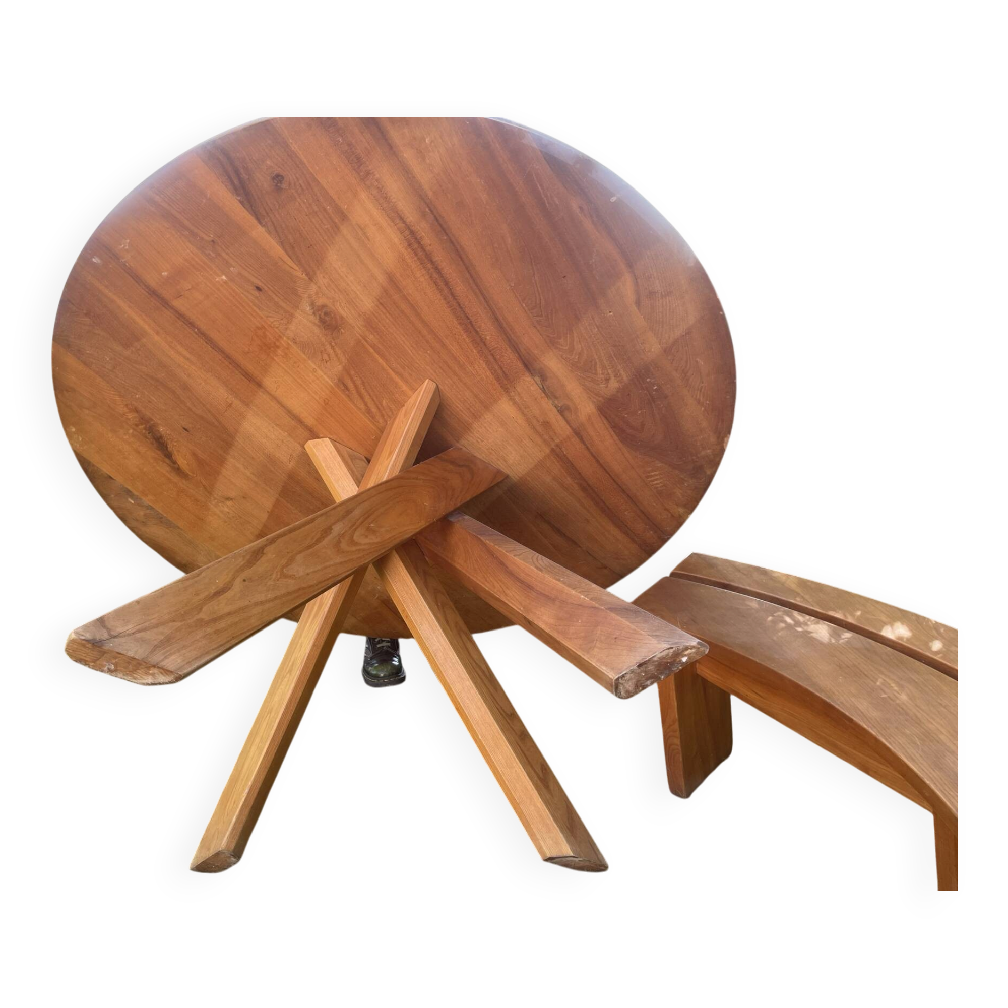 Round table + 2 chairs and 2 rounded benches suitable for the table.
