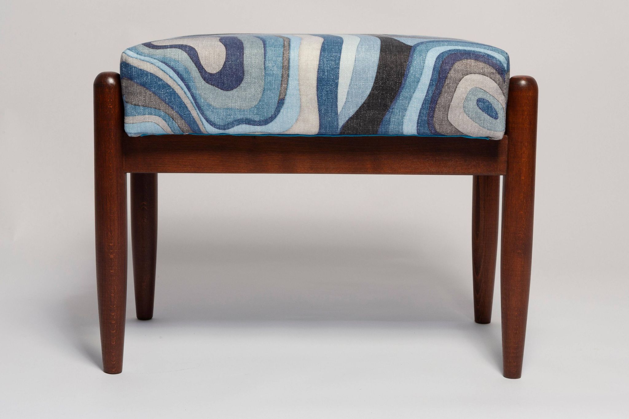 Set of two GFM stools in blue linen, mid-century style, Edmund Homa, Europe, 1960s.