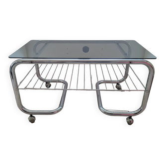 Table basse en verre fumé et métal chromé