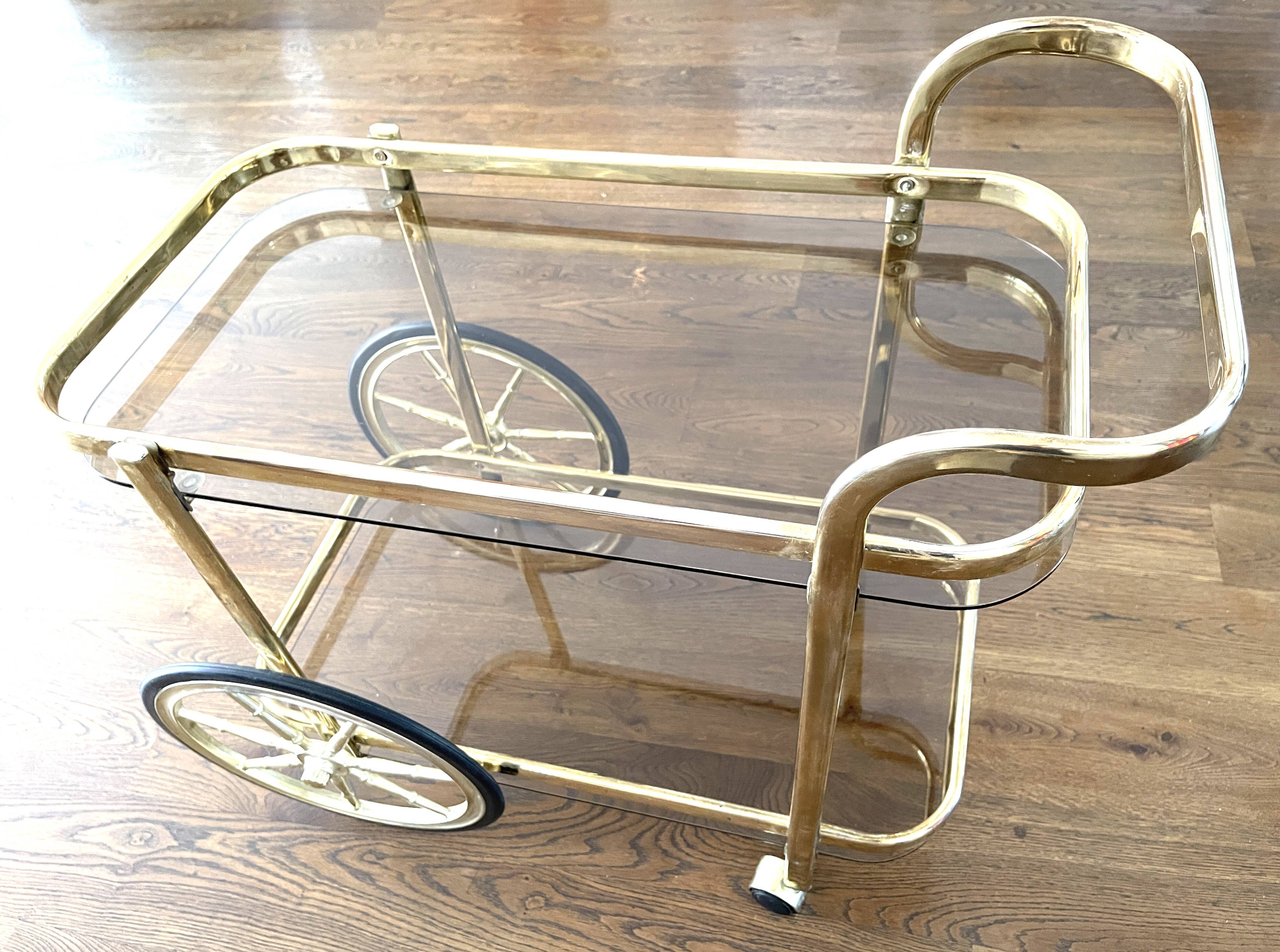 Brass and smoked glass bar trolley, 2 trays