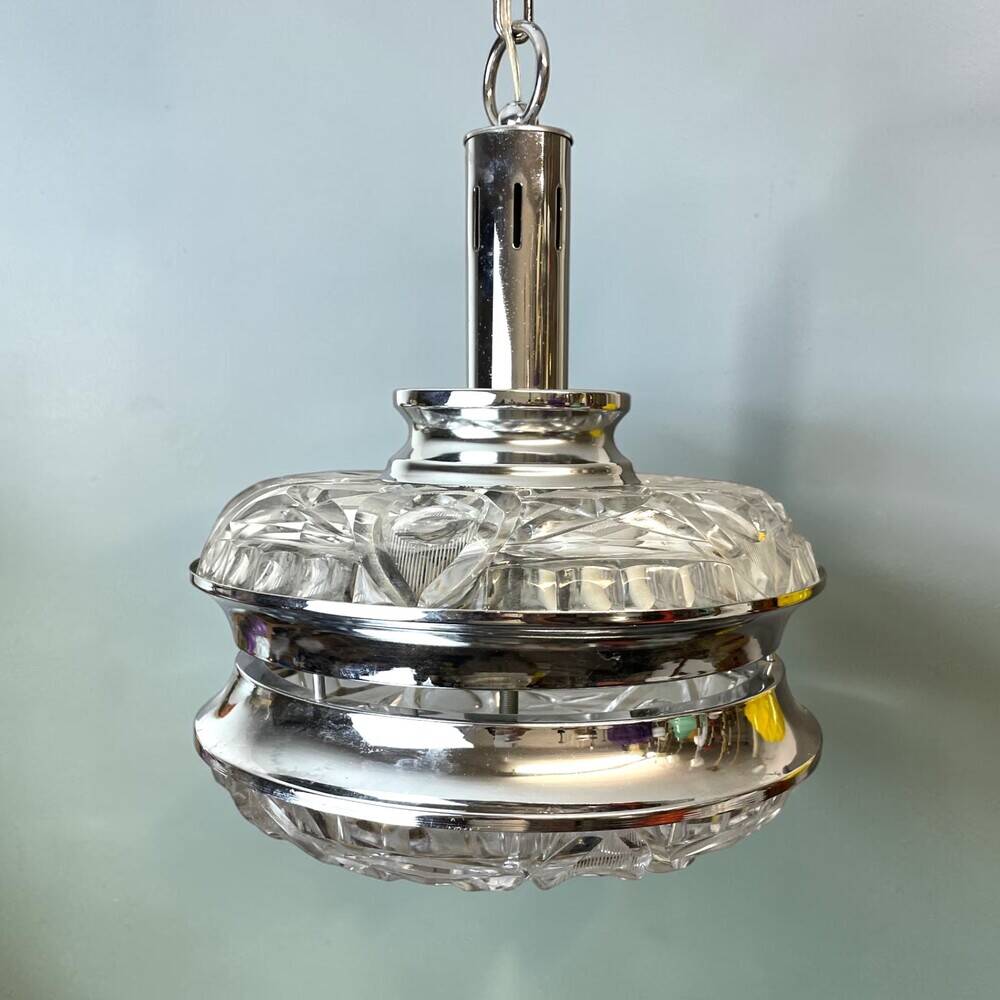 Mid Century Italian Modern glass and chrome hanging lamp