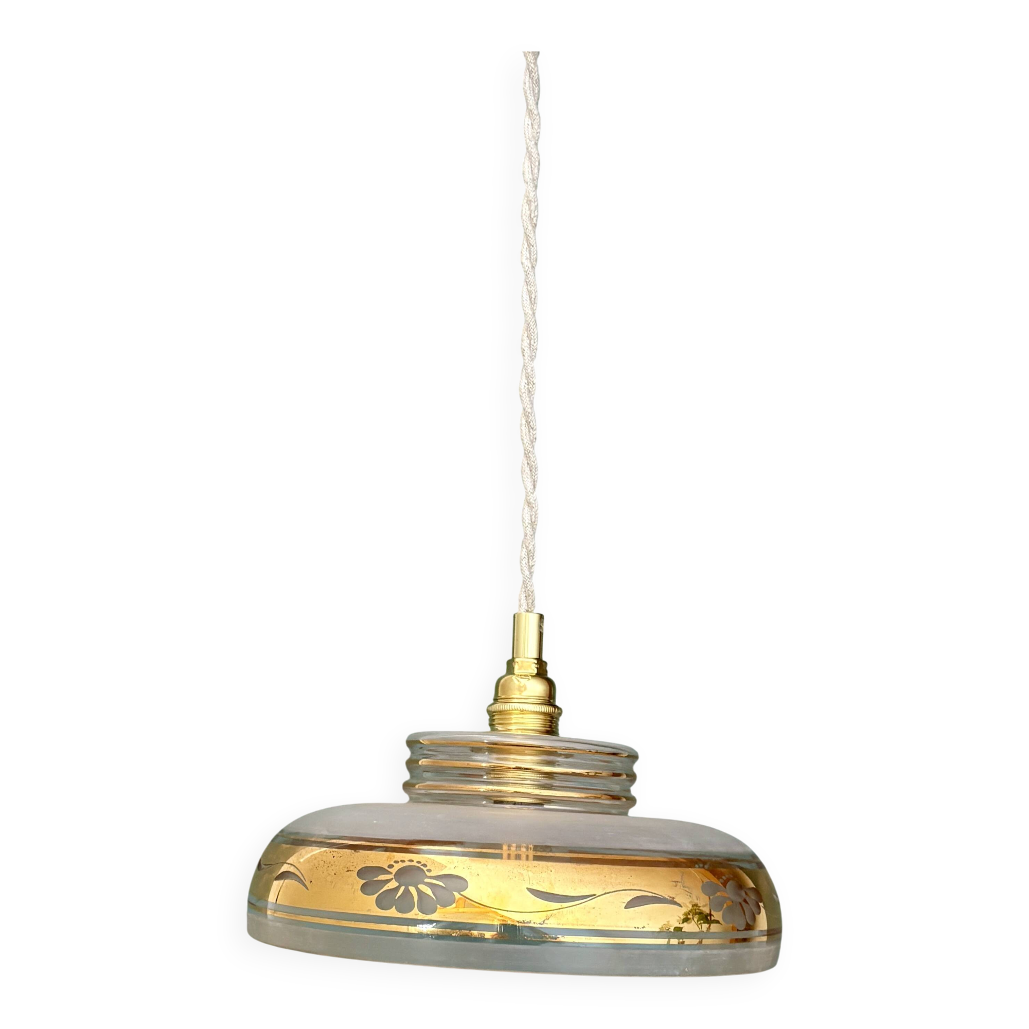 Vintage frosted glass pendant lampshade with gold frieze