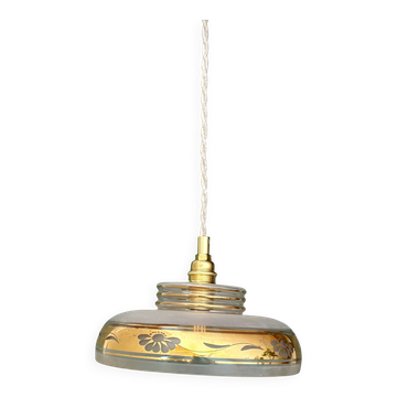 Vintage frosted glass pendant lampshade with gold frieze